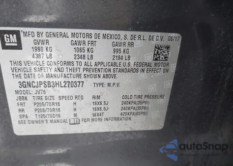 2017 Chevrolet Trax Lt z USA, uszkodzony, nr VIN 3GNCJPSB3HL270377